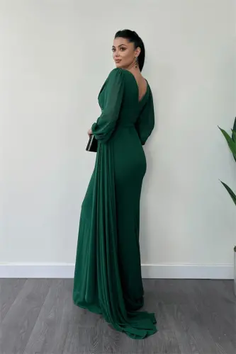 Chiffon Fabric Beaded Embroidered Shawl Detailed Evening Dress - EMERALD GREEN - 5