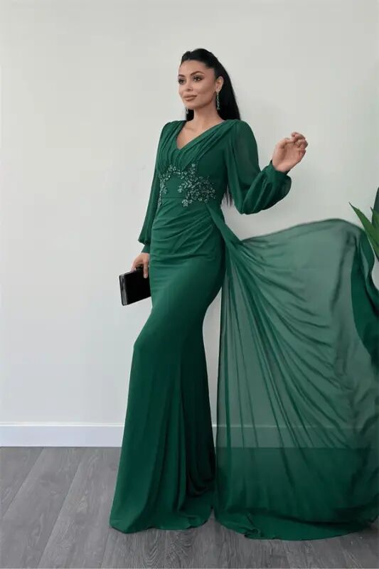 Chiffon Fabric Beaded Embroidered Shawl Detailed Evening Dress - EMERALD GREEN - 2
