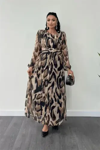 Chiffon Fabric Belt Detailed Maxi Dress - BROWN - 1