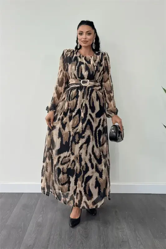 Chiffon Fabric Belt Detailed Maxi Dress - BROWN - BÜYÜKBEDENIZ