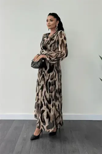 Chiffon Fabric Belt Detailed Maxi Dress - BROWN - BÜYÜKBEDENIZ (1)