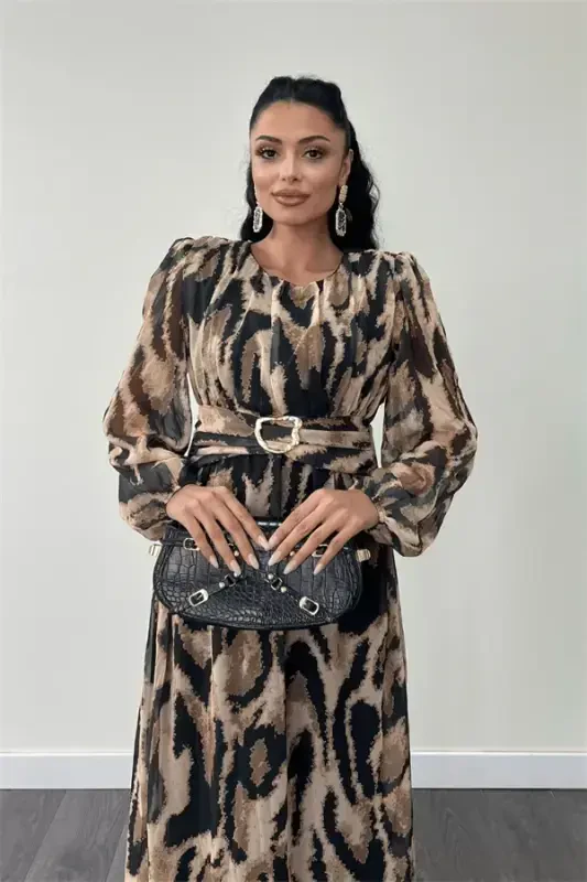 Chiffon Fabric Belt Detailed Maxi Dress - BROWN - 4