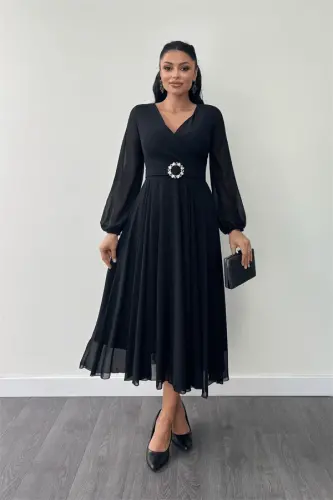 Chiffon Fabric Belt Detailed Midi Dress - BLACK - 1