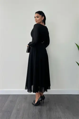 Chiffon Fabric Belt Detailed Midi Dress - BLACK - 5