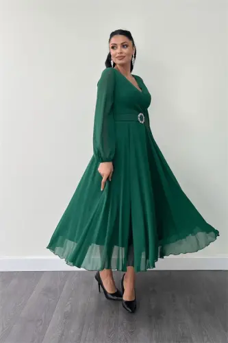 Chiffon Fabric Belt Detailed Midi Dress - EMERALD GREEN - BÜYÜKBEDENIZ (1)