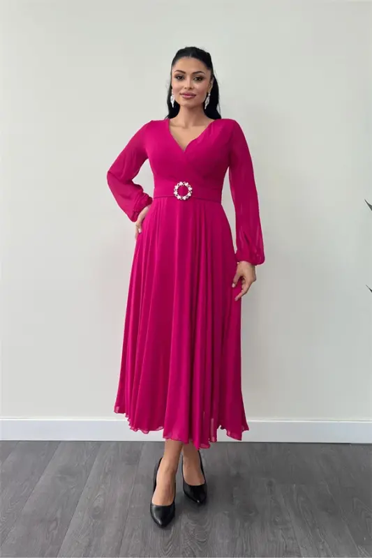 Chiffon Fabric Belt Detailed Midi Dress - FUCHSIA - 1