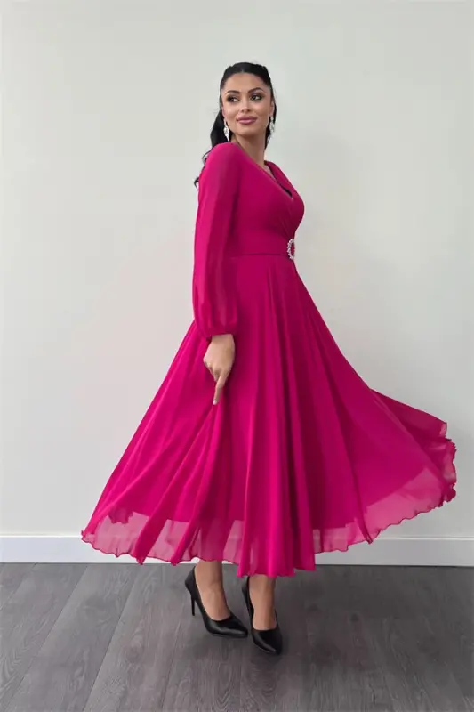 Chiffon Fabric Belt Detailed Midi Dress - FUCHSIA - 2