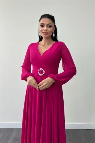 Chiffon Fabric Belt Detailed Midi Dress - FUCHSIA - 4