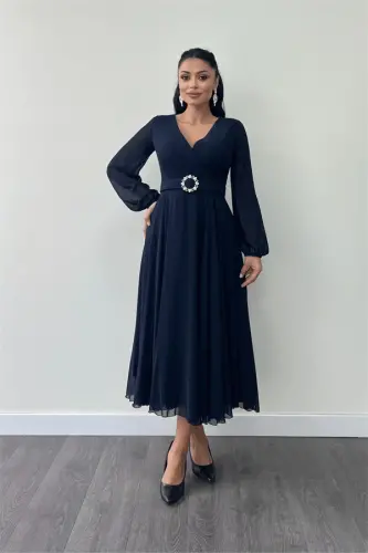 Chiffon Fabric Belt Detailed Midi Dress - NAVY BLUE - 1