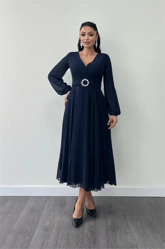 Chiffon Fabric Belt Detailed Midi Dress - NAVY BLUE - BÜYÜKBEDENIZ
