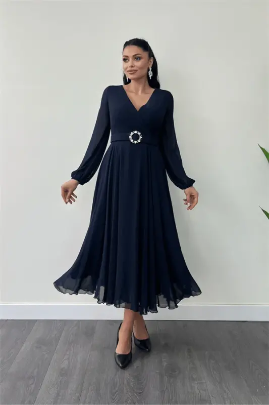 Chiffon Fabric Belt Detailed Midi Dress - NAVY BLUE - 2