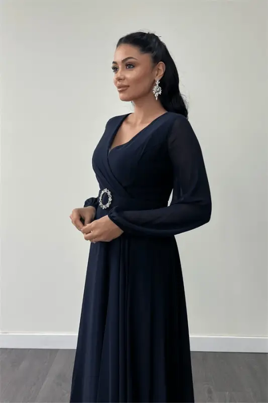 Chiffon Fabric Belt Detailed Midi Dress - NAVY BLUE - 4