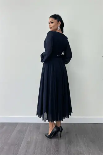 Chiffon Fabric Belt Detailed Midi Dress - NAVY BLUE - 5