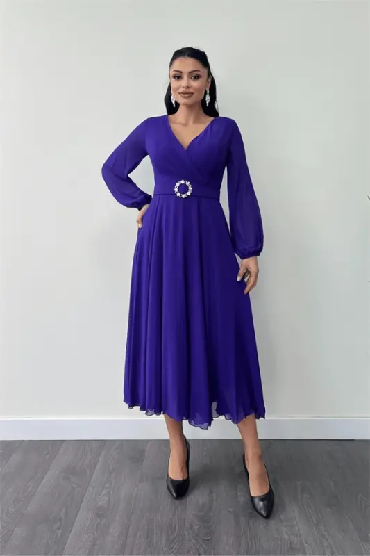 Chiffon Fabric Belt Detailed Midi Dress - PURPLE - BÜYÜKBEDENIZ