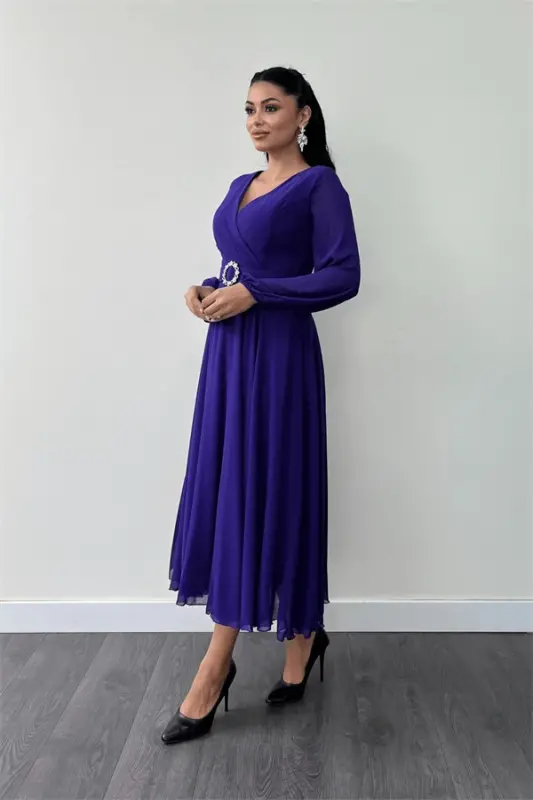 Chiffon Fabric Belt Detailed Midi Dress - PURPLE - 2