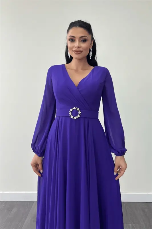 Chiffon Fabric Belt Detailed Midi Dress - PURPLE - 3