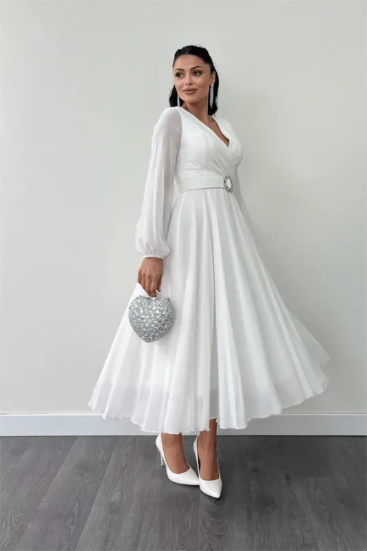 Chiffon Fabric Belt Detailed Midi Dress - WHITE - 2
