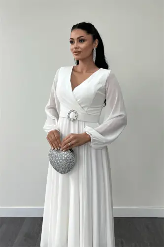 Chiffon Fabric Belt Detailed Midi Dress - WHITE - 4