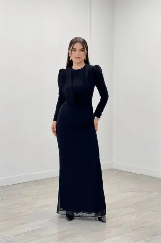 Chiffon Fabric Cape Detailed Evening Dress - BLACK - 1