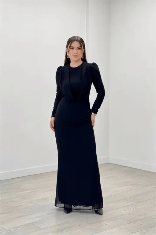 Chiffon Fabric Cape Detailed Evening Dress - BLACK - BÜYÜKBEDENIZ