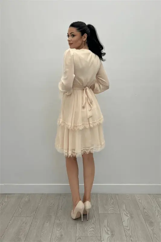 Chiffon Fabric Crossover Collar Mini Dress - CREAM - BÜYÜKBEDENIZ