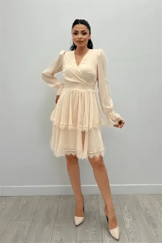 Chiffon Fabric Crossover Collar Mini Dress - CREAM - BÜYÜKBEDENIZ (1)