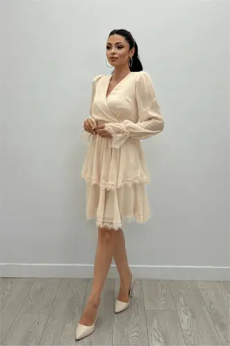Chiffon Fabric Crossover Collar Mini Dress - CREAM - 3