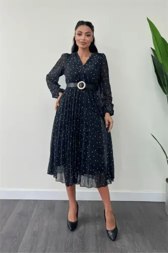 Chiffon Fabric Crossover Collar Polka Dot Detailed Dress - BLACK - 1