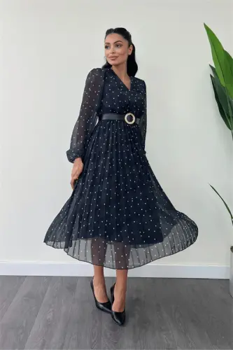 Chiffon Fabric Crossover Collar Polka Dot Detailed Dress - BLACK - BÜYÜKBEDENIZ (1)