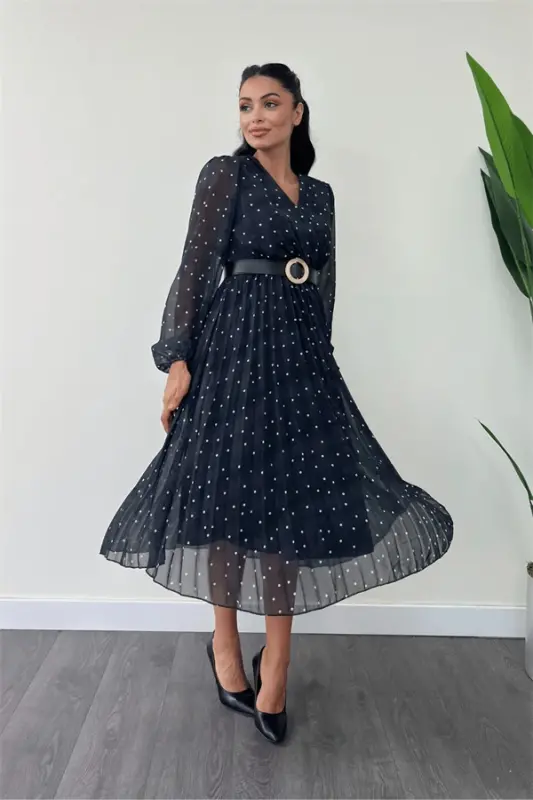 Chiffon Fabric Crossover Collar Polka Dot Detailed Dress - BLACK - 2