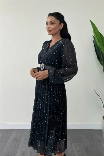 Chiffon Fabric Crossover Collar Polka Dot Detailed Dress - BLACK - 4