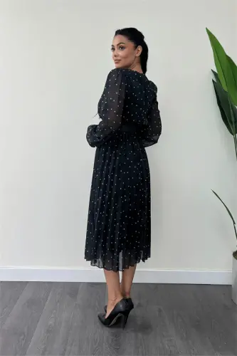 Chiffon Fabric Crossover Collar Polka Dot Detailed Dress - BLACK - 5