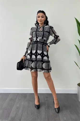 Chiffon Fabric Elastic Waist Detailed Mini Dress - BLACK - 1