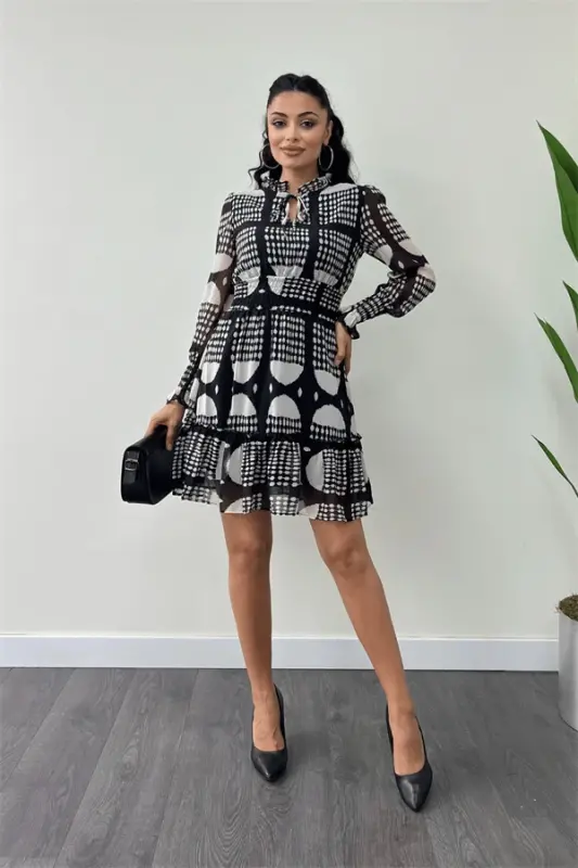 Chiffon Fabric Elastic Waist Detailed Mini Dress - BLACK - 1