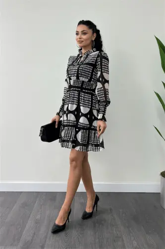 Chiffon Fabric Elastic Waist Detailed Mini Dress - BLACK - BÜYÜKBEDENIZ (1)