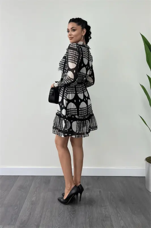 Chiffon Fabric Elastic Waist Detailed Mini Dress - BLACK - 5