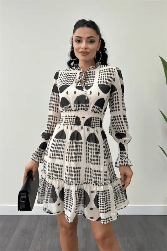 Chiffon Fabric Elastic Waist Detailed Mini Dress - CREAM - 3