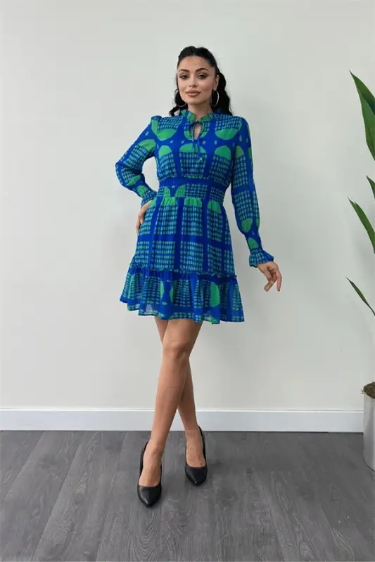 Chiffon Fabric Elastic Waist Detailed Mini Dress - SAX BLUE - BÜYÜKBEDENIZ