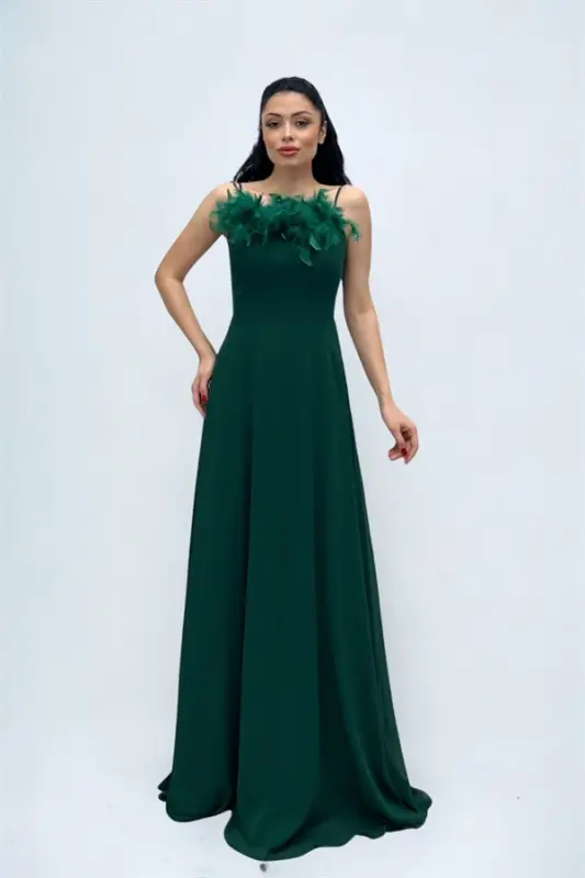 Chiffon Fabric Feather Detailed Backless Evening Dress - EMERALD GREEN - 2