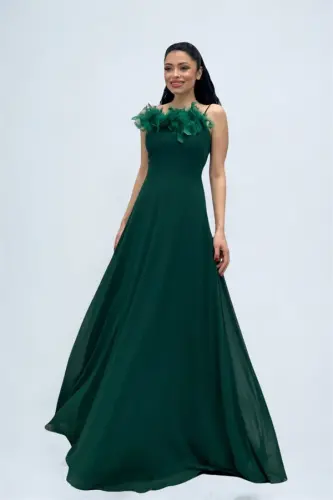 Chiffon Fabric Feather Detailed Backless Evening Dress - EMERALD GREEN - 4