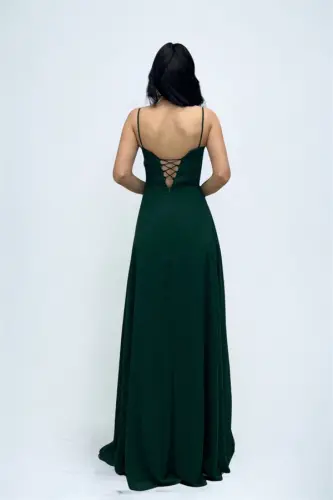Chiffon Fabric Feather Detailed Backless Evening Dress - EMERALD GREEN - 5