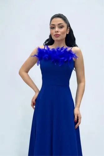 Chiffon Fabric Feather Detailed Backless Evening Dress - SAXE BLUE - 1