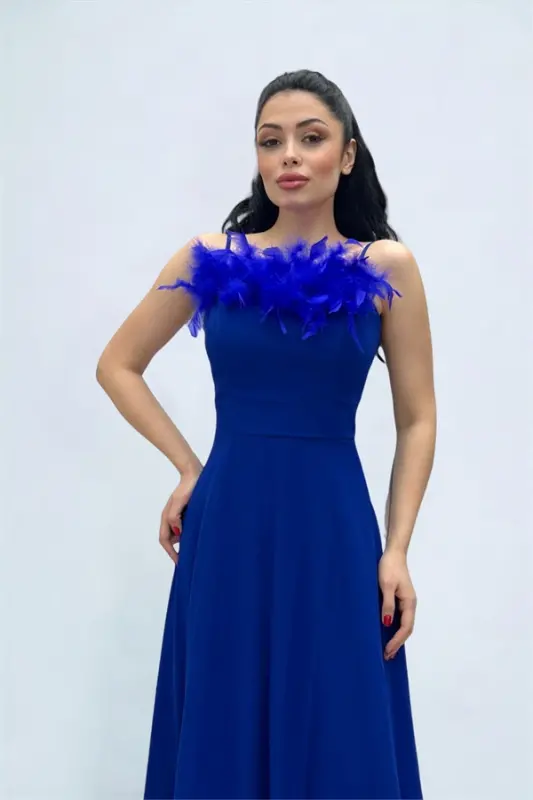 Chiffon Fabric Feather Detailed Backless Evening Dress - SAXE BLUE - 1