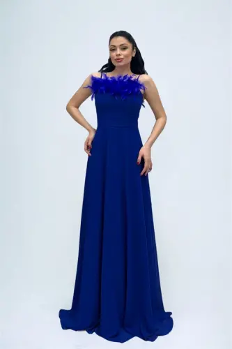 Chiffon Fabric Feather Detailed Backless Evening Dress - SAXE BLUE - 7