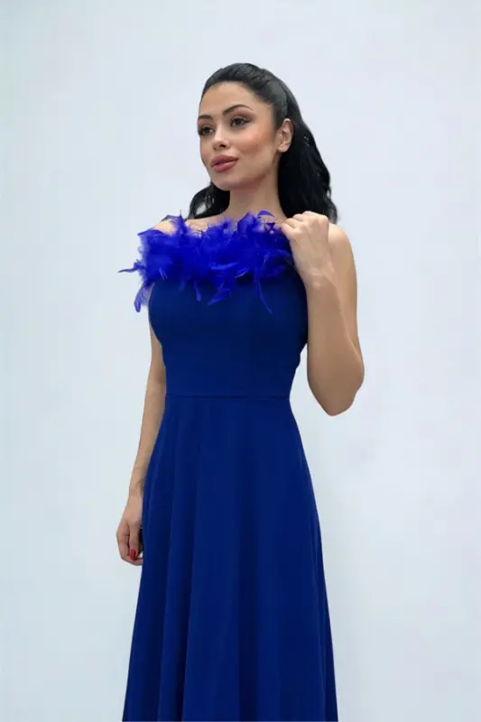 Chiffon Fabric Feather Detailed Backless Evening Dress - SAXE BLUE - 3