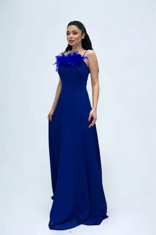 Chiffon Fabric Feather Detailed Backless Evening Dress - SAXE BLUE - 4