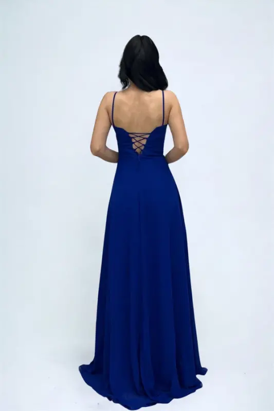 Chiffon Fabric Feather Detailed Backless Evening Dress - SAXE BLUE - 6