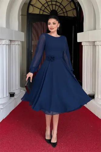 Chiffon Fabric Floral Detail Midi Dress - NAVY BLUE - 1