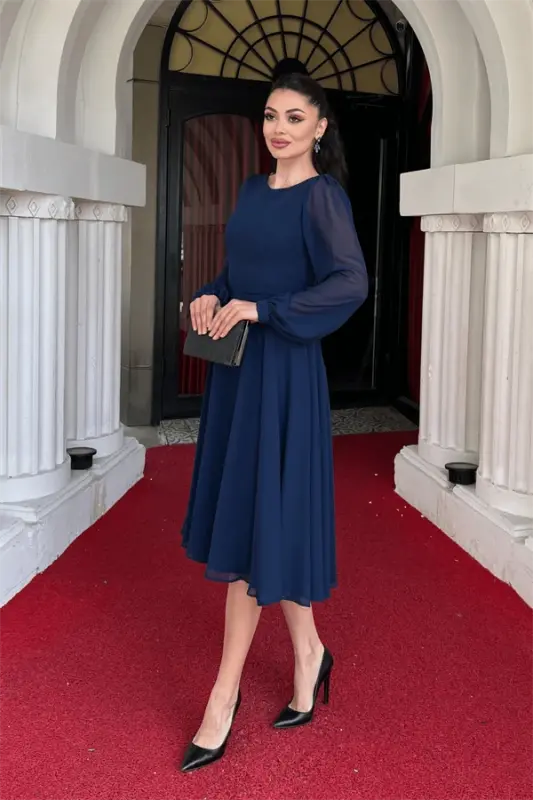 Chiffon Fabric Floral Detail Midi Dress - NAVY BLUE - 2