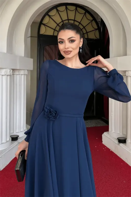 Chiffon Fabric Floral Detail Midi Dress - NAVY BLUE - 3